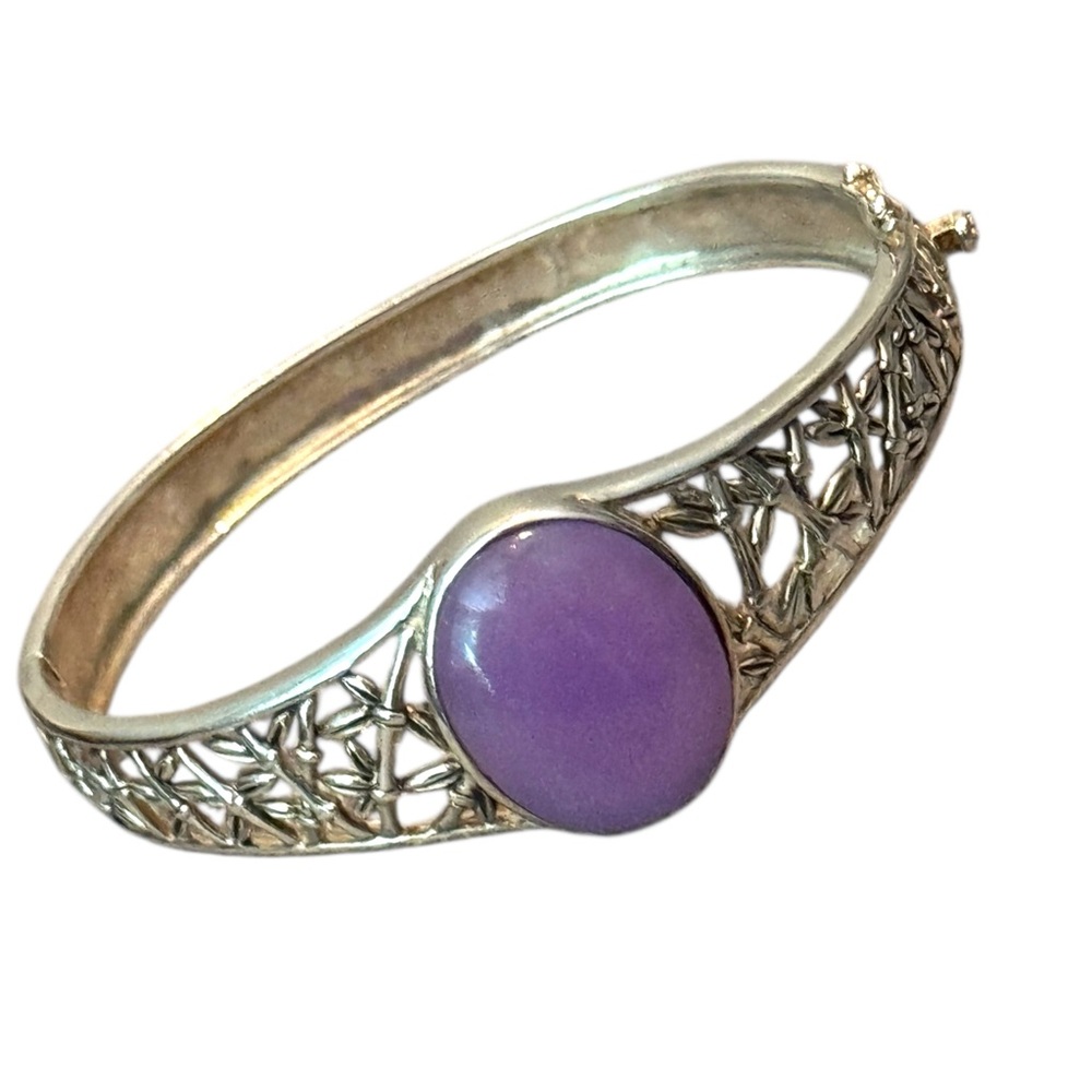 Elegant Sterling  Silver Bracelet  Ornate latched Bangle with Purple Jade Stone